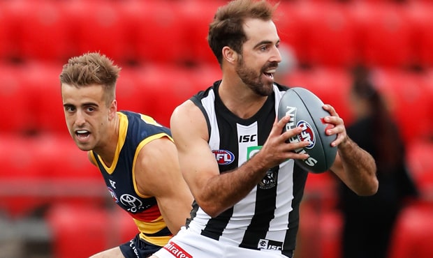 180215_report620.jpg Steele Sidebottom takes possession of the silver Sherrin during Collingwood's opening AFLX match on Thursday night. - Collingwood,Collingwood Magpies,AFLX